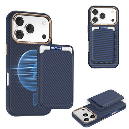 For iPhone 17 Pro Max Magnetic Case Carbon Fiber Texture Leather Back Phone Cover with Detachable Card Holder