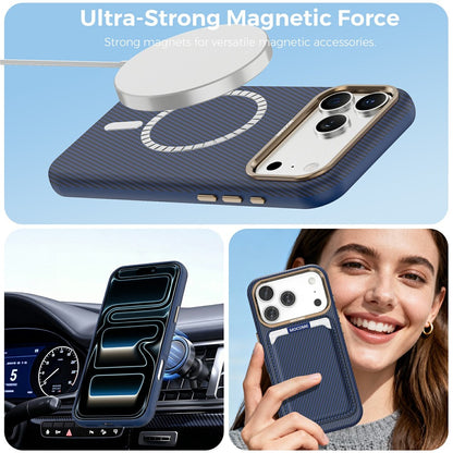 For iPhone 17 Pro Max Magnetic Case Carbon Fiber Texture Leather Back Phone Cover with Detachable Card Holder