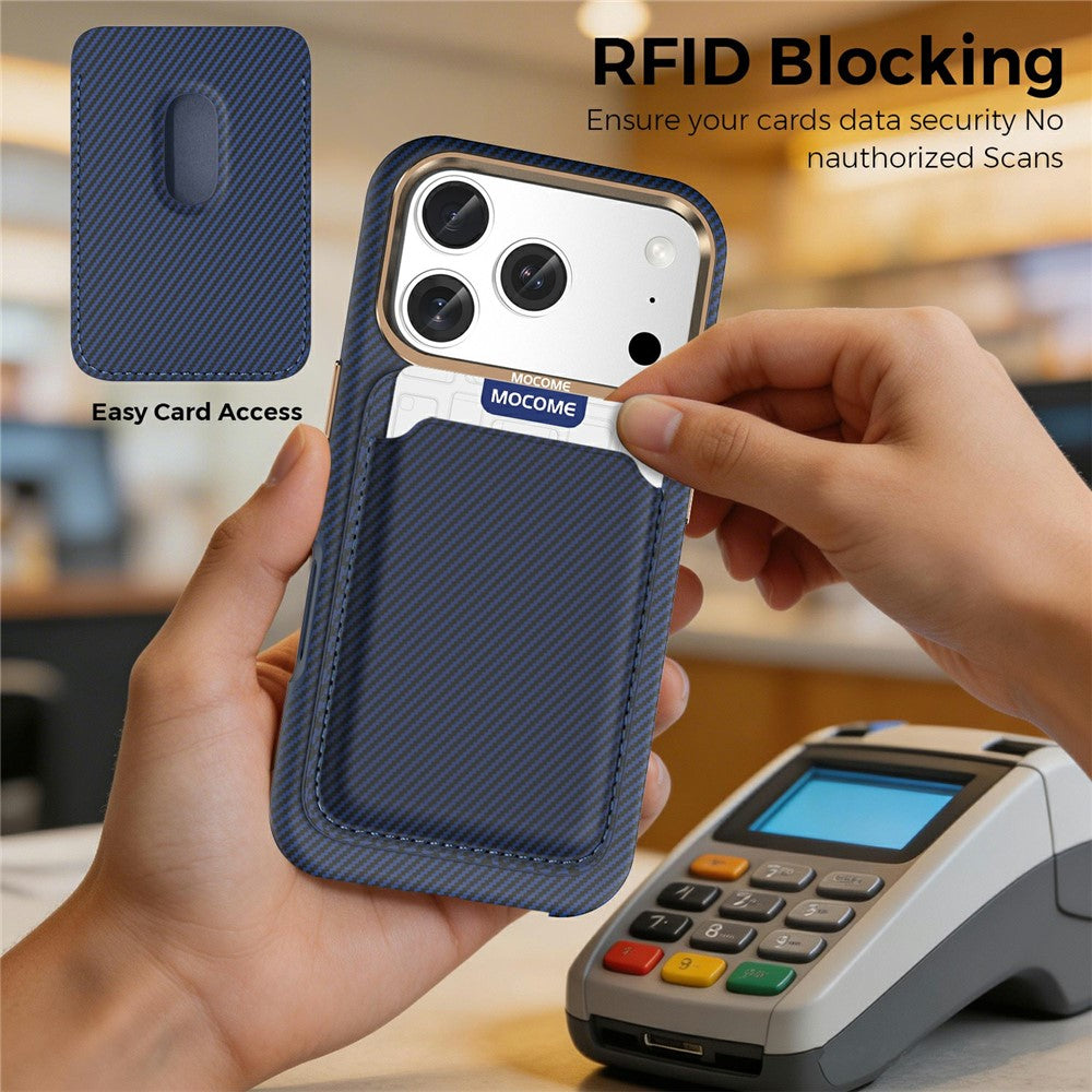For iPhone 17 Pro Max Magnetic Case Carbon Fiber Texture Leather Back Phone Cover with Detachable Card Holder