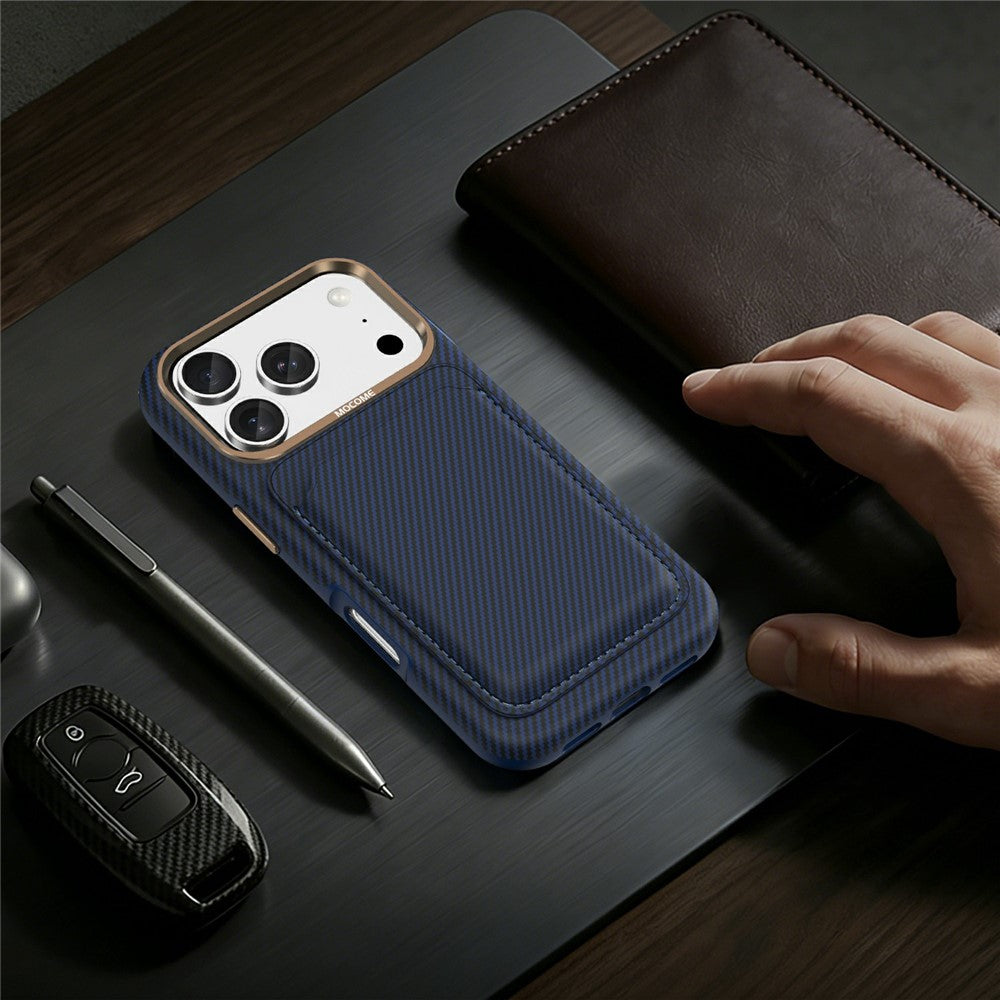 For iPhone 17 Pro Max Magnetic Case Carbon Fiber Texture Leather Back Phone Cover with Detachable Card Holder