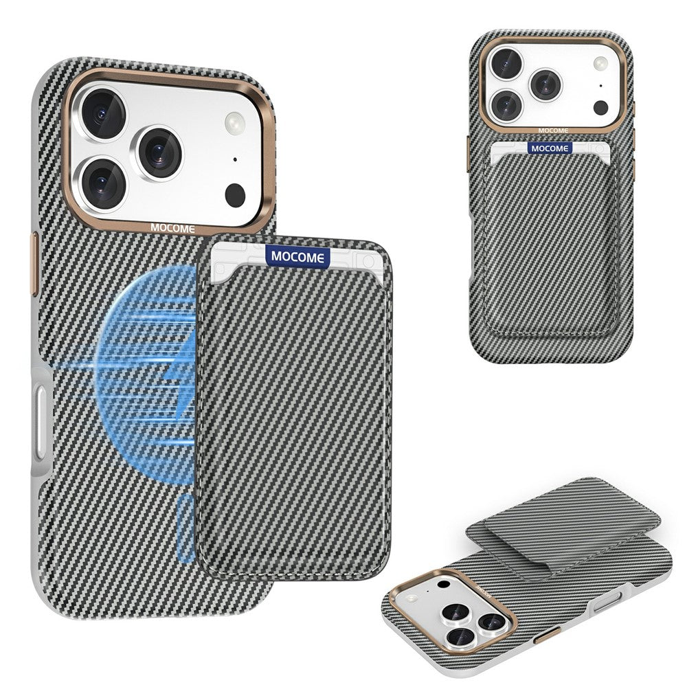 For iPhone 17 Pro Max Magnetic Case Carbon Fiber Texture Leather Back Phone Cover with Detachable Card Holder