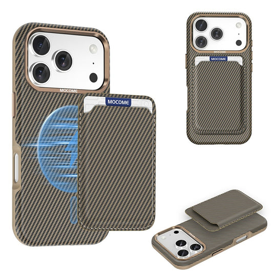 For iPhone 17 Pro Magnetic Case Carbon Fiber Texture Leather Back Phone Cover with Detachable Card Holder