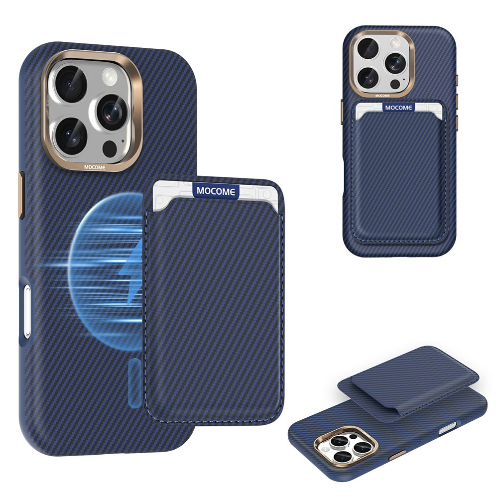 For iPhone 16 Pro Max Magnetic Case Carbon Fiber Texture Leather Back Phone Cover with Detachable Card Holder