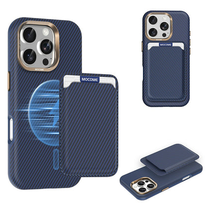 For iPhone 16 Pro Max Magnetic Case Carbon Fiber Texture Leather Back Phone Cover with Detachable Card Holder