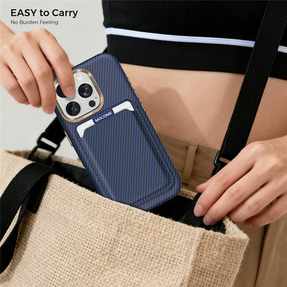 For iPhone 16 Pro Max Magnetic Case Carbon Fiber Texture Leather Back Phone Cover with Detachable Card Holder
