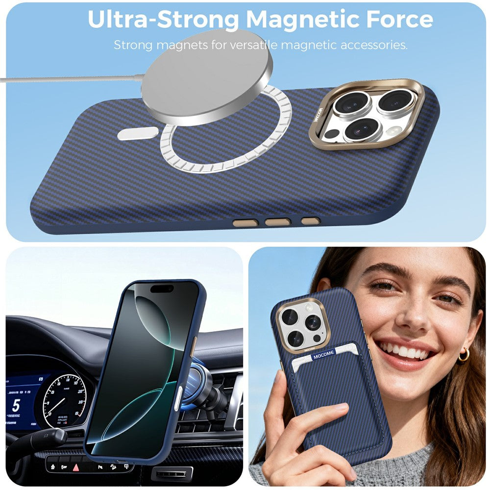 For iPhone 16 Pro Max Magnetic Case Carbon Fiber Texture Leather Back Phone Cover with Detachable Card Holder