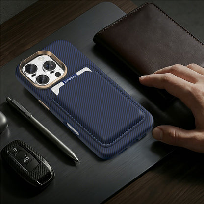 For iPhone 16 Pro Max Magnetic Case Carbon Fiber Texture Leather Back Phone Cover with Detachable Card Holder