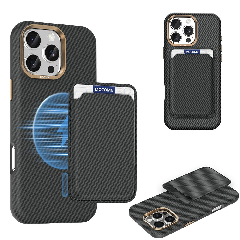 For iPhone 16 Pro Max Magnetic Case Carbon Fiber Texture Leather Back Phone Cover with Detachable Card Holder