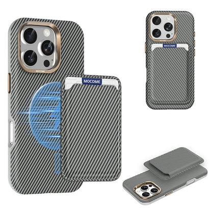 For iPhone 16 Pro Max Magnetic Case Carbon Fiber Texture Leather Back Phone Cover with Detachable Card Holder