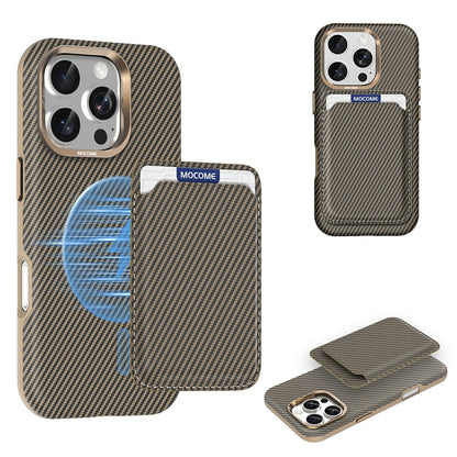 For iPhone 16 Pro Max Magnetic Case Carbon Fiber Texture Leather Back Phone Cover with Detachable Card Holder