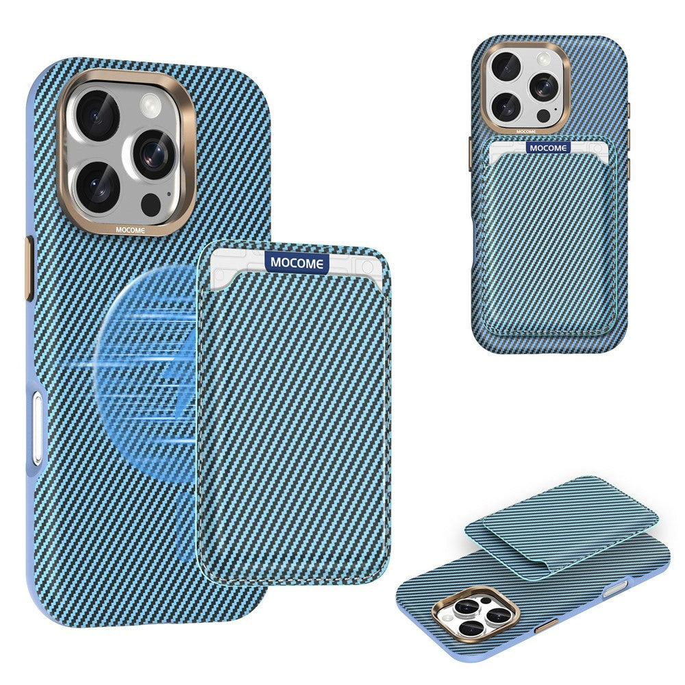 For iPhone 16 Pro Max Magnetic Case Carbon Fiber Texture Leather Back Phone Cover with Detachable Card Holder
