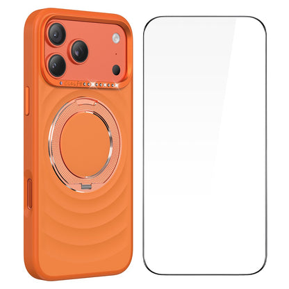 For iPhone 17 Pro Max Magnetic Case with 360° Rotating Ring Stand Wave Ripple Cover + Tempered Glass Screen Protector