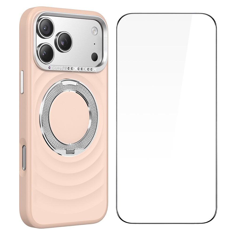 For iPhone 17 Pro Max Magnetic Case with 360° Rotating Ring Stand Wave Ripple Cover + Tempered Glass Screen Protector