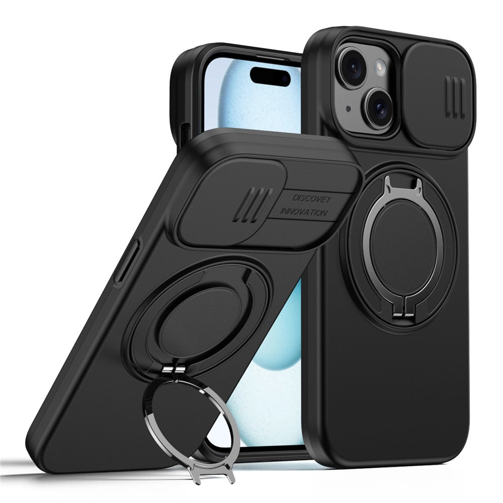 For iPhone 15 Case Magnetic Case Ring Kickstand Slide Camera Cover TPU PC Hybrid Phone Shell