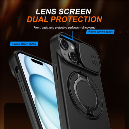 For iPhone 15 Case Magnetic Case Ring Kickstand Slide Camera Cover TPU PC Hybrid Phone Shell