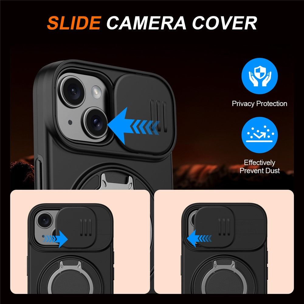 For iPhone 15 Case Magnetic Case Ring Kickstand Slide Camera Cover TPU PC Hybrid Phone Shell