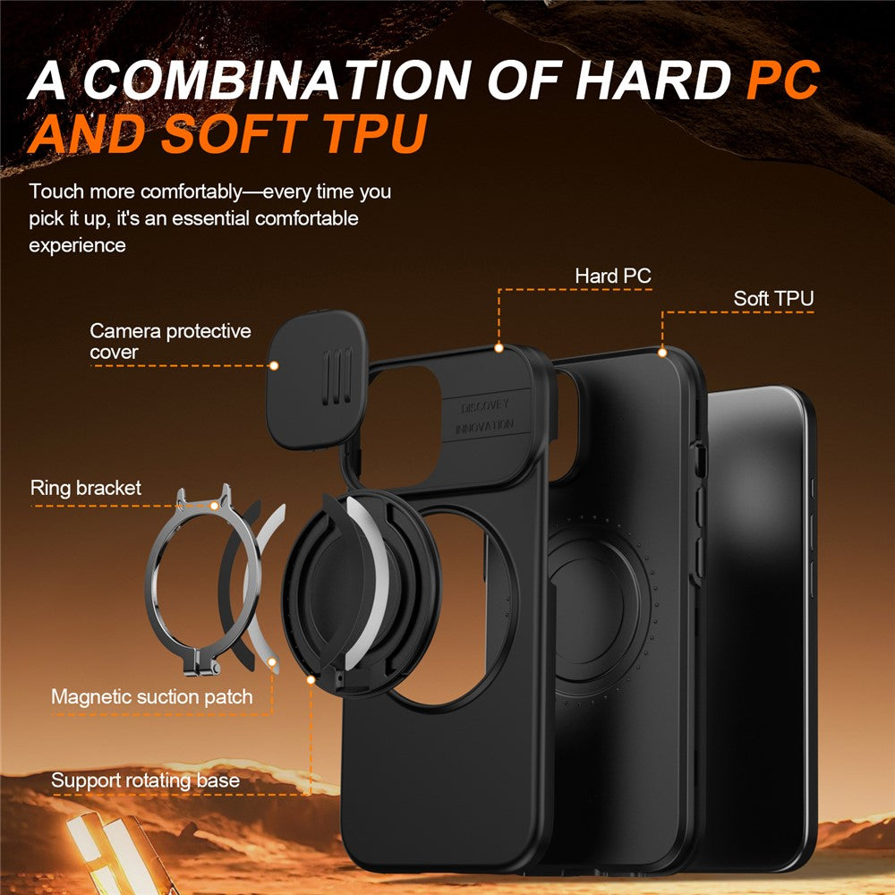 For iPhone 15 Case Magnetic Case Ring Kickstand Slide Camera Cover TPU PC Hybrid Phone Shell