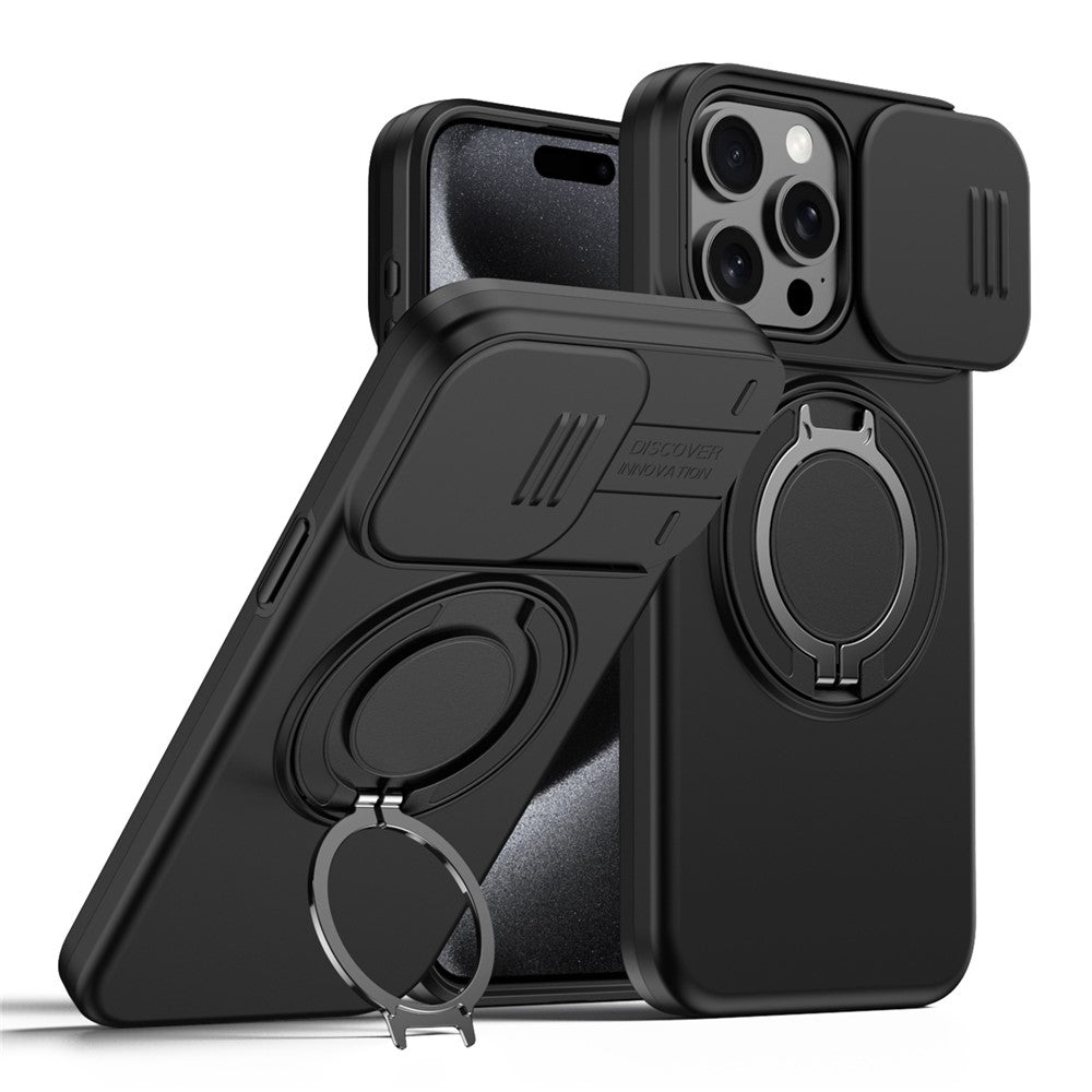 For iPhone 15 Pro Case Magnetic Case Ring Kickstand Slide Camera Cover TPU PC Hybrid Phone Shell