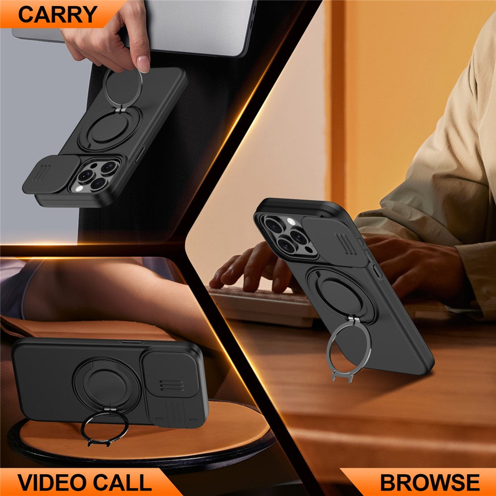 For iPhone 15 Pro Case Magnetic Case Ring Kickstand Slide Camera Cover TPU PC Hybrid Phone Shell