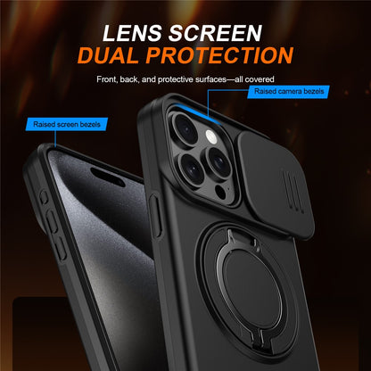 For iPhone 15 Pro Case Magnetic Case Ring Kickstand Slide Camera Cover TPU PC Hybrid Phone Shell