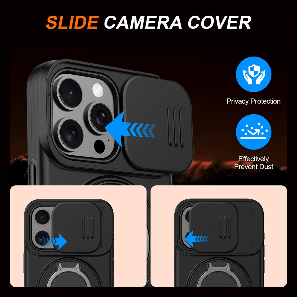 For iPhone 15 Pro Case Magnetic Case Ring Kickstand Slide Camera Cover TPU PC Hybrid Phone Shell