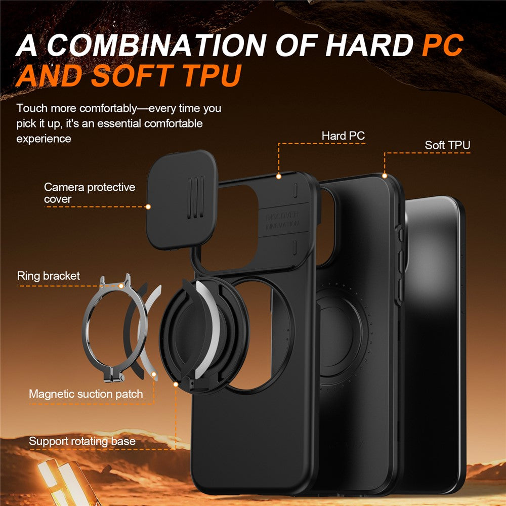 For iPhone 15 Pro Case Magnetic Case Ring Kickstand Slide Camera Cover TPU PC Hybrid Phone Shell