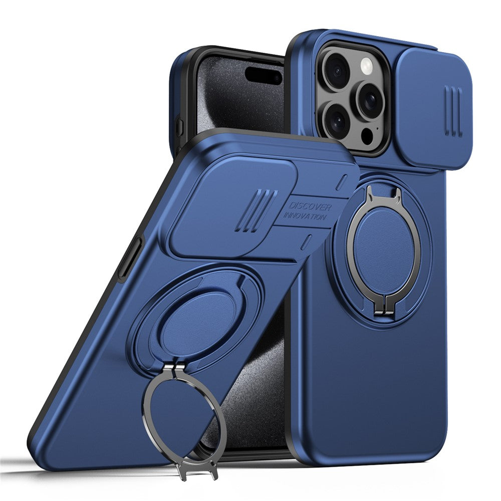 For iPhone 15 Pro Case Magnetic Case Ring Kickstand Slide Camera Cover TPU PC Hybrid Phone Shell
