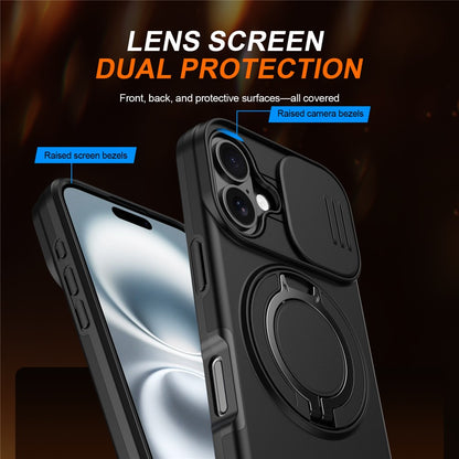 For iPhone 16 Case Magnetic Case Ring Kickstand Slide Camera Cover TPU PC Hybrid Phone Shell