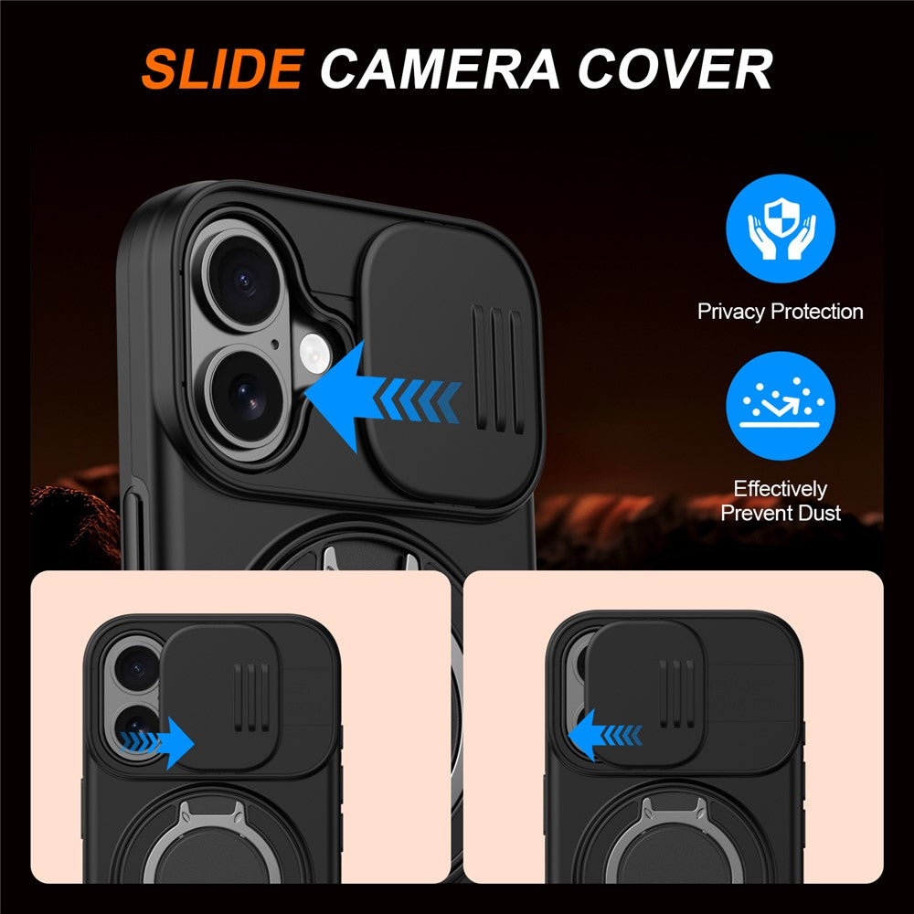 For iPhone 16 Case Magnetic Case Ring Kickstand Slide Camera Cover TPU PC Hybrid Phone Shell