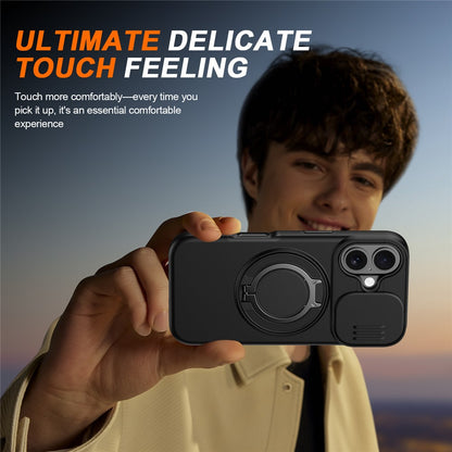 For iPhone 16 Case Magnetic Case Ring Kickstand Slide Camera Cover TPU PC Hybrid Phone Shell