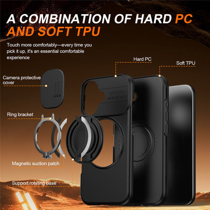 For iPhone 16 Case Magnetic Case Ring Kickstand Slide Camera Cover TPU PC Hybrid Phone Shell
