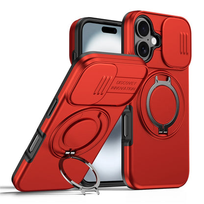 For iPhone 16 Case Magnetic Case Ring Kickstand Slide Camera Cover TPU PC Hybrid Phone Shell