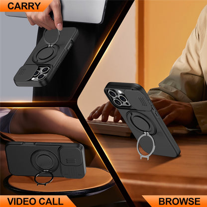 For iPhone 16 Pro Max Case Magnetic Case Ring Kickstand Slide Camera Cover TPU PC Hybrid Phone Shell