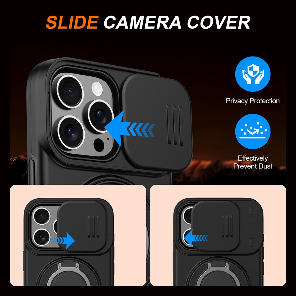 For iPhone 16 Pro Max Case Magnetic Case Ring Kickstand Slide Camera Cover TPU PC Hybrid Phone Shell