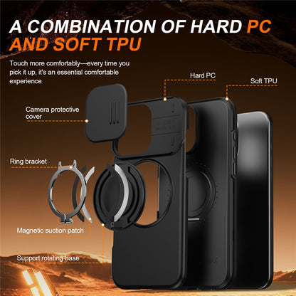 For iPhone 16 Pro Max Case Magnetic Case Ring Kickstand Slide Camera Cover TPU PC Hybrid Phone Shell