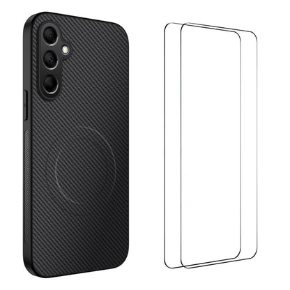 WANLONFENG For Samsung Galaxy A27 TQ1 Series Magnetic Case Carbon Fiber Texture PC TPU Phone Cover with 2Pcs Screen Films