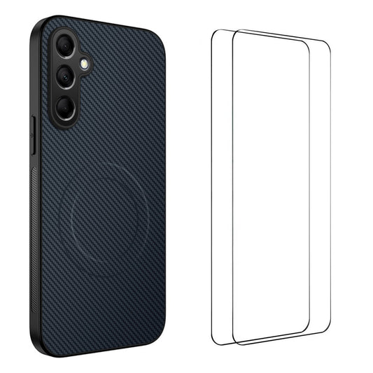WANLONFENG For Samsung Galaxy A27 TQ1 Series Magnetic Case Carbon Fiber Texture PC TPU Phone Cover with 2Pcs Screen Films