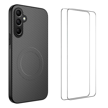 WANLONFENG For Samsung Galaxy A27 TQ1 Series Magnetic Case Carbon Fiber Texture PC TPU Phone Cover with 2Pcs Screen Films