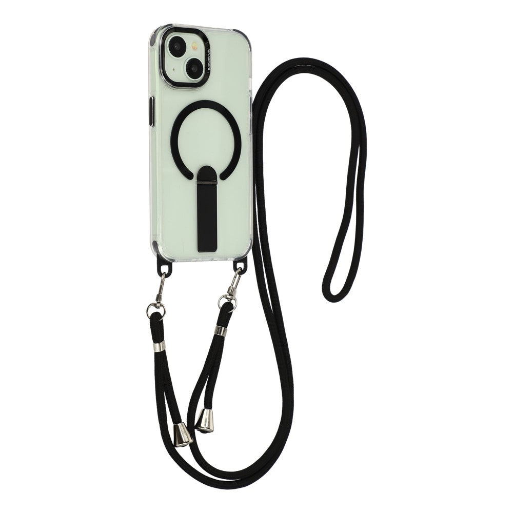 For iPhone 15 Magnetic Phone Case with Kickstand and 2-in-1 6mm 150cm Length Strap PC TPU Phone Cover