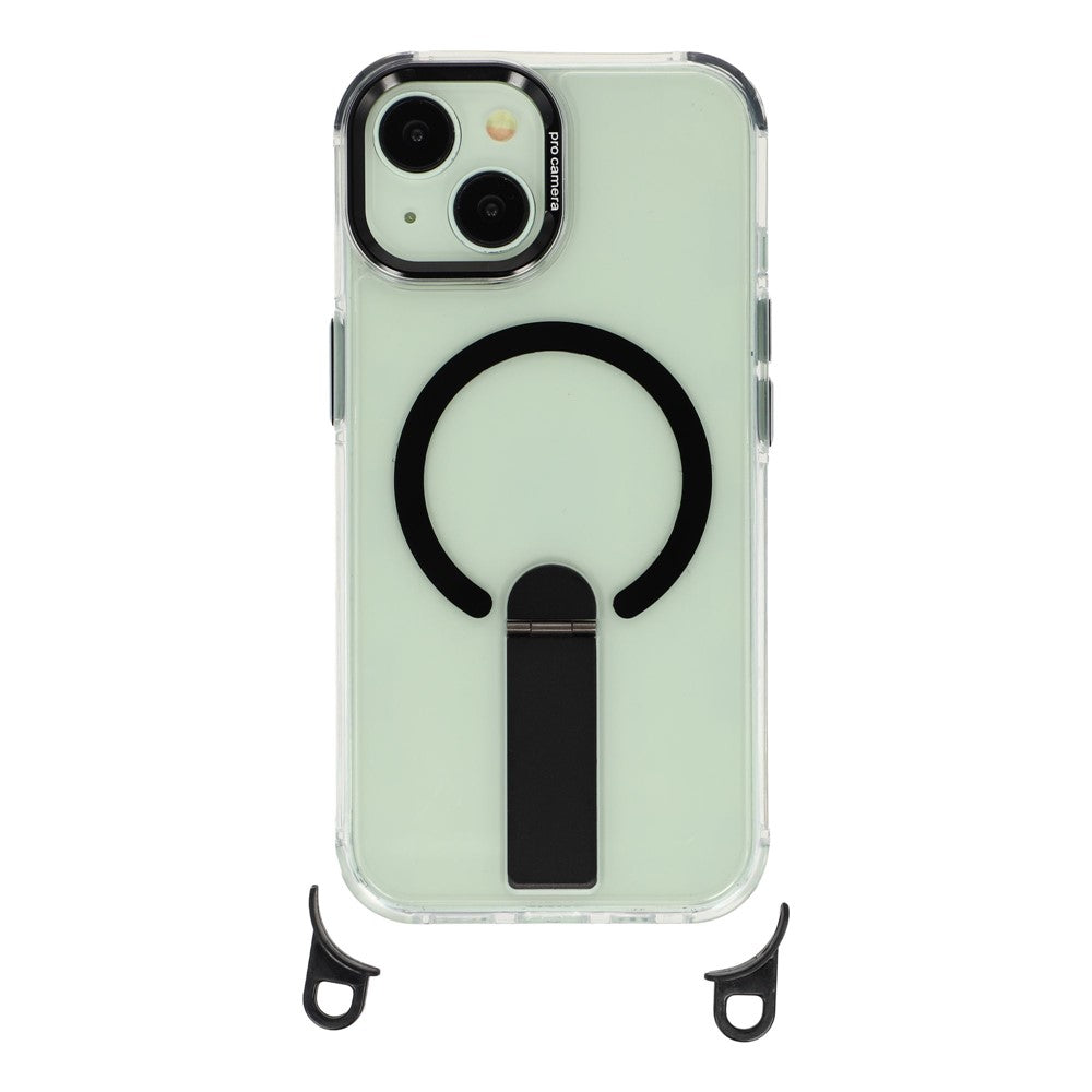 For iPhone 15 Magnetic Phone Case with Kickstand and 2-in-1 6mm 150cm Length Strap PC TPU Phone Cover