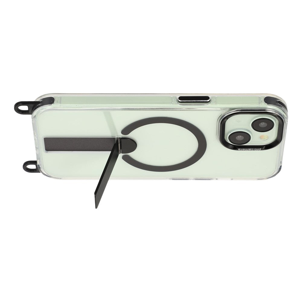 For iPhone 15 Magnetic Phone Case with Kickstand and 2-in-1 6mm 150cm Length Strap PC TPU Phone Cover