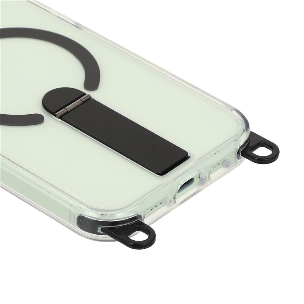 For iPhone 15 Magnetic Phone Case with Kickstand and 2-in-1 6mm 150cm Length Strap PC TPU Phone Cover