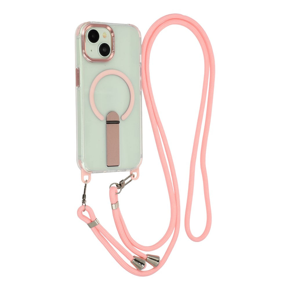 For iPhone 15 Magnetic Phone Case with Kickstand and 2-in-1 6mm 150cm Length Strap PC TPU Phone Cover