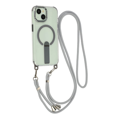For iPhone 15 Magnetic Phone Case with Kickstand and 2-in-1 6mm 150cm Length Strap PC TPU Phone Cover