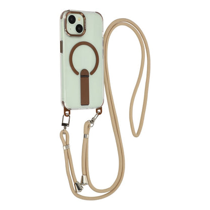 For iPhone 15 Magnetic Phone Case with Kickstand and 2-in-1 6mm 150cm Length Strap PC TPU Phone Cover