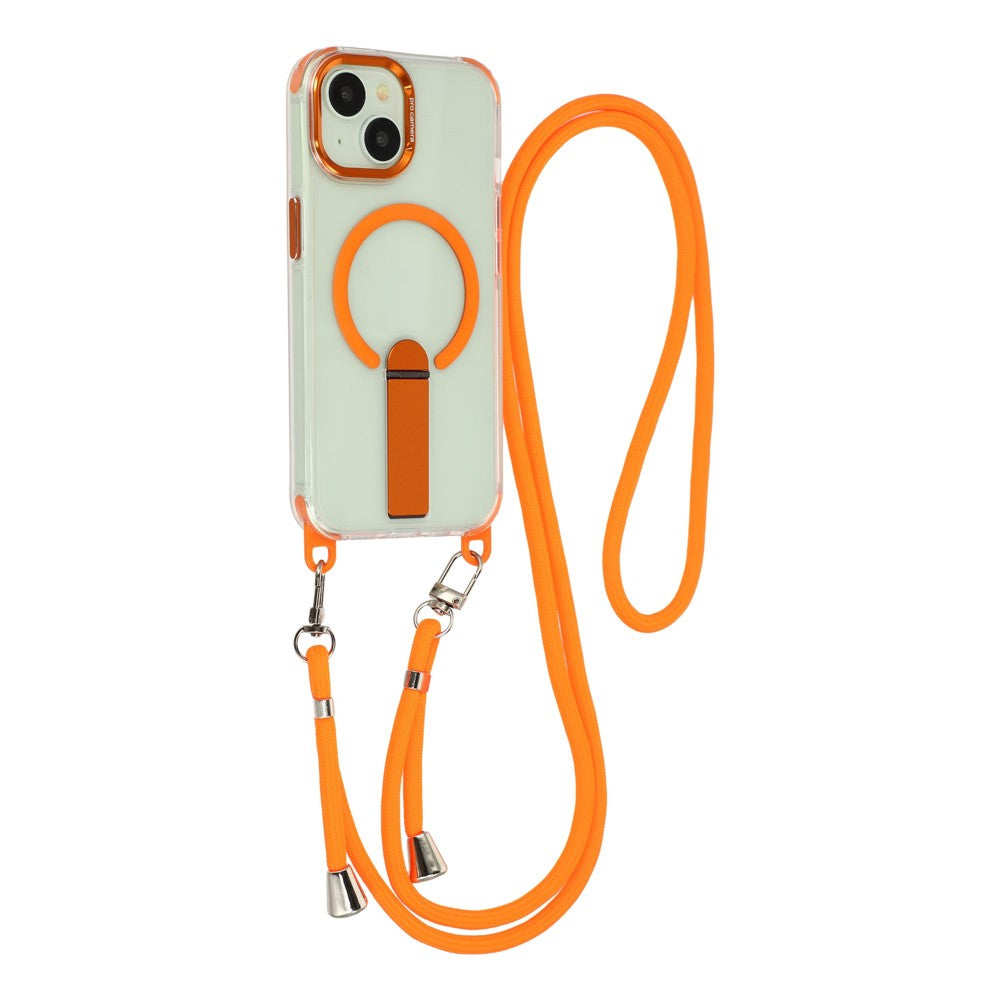 For iPhone 15 Magnetic Phone Case with Kickstand and 2-in-1 6mm 150cm Length Strap PC TPU Phone Cover