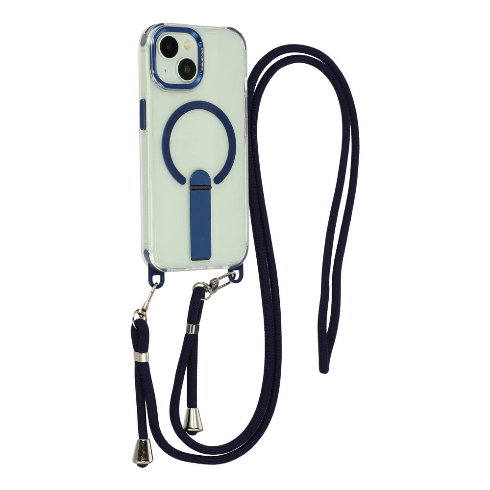 For iPhone 15 Magnetic Phone Case with Kickstand and 2-in-1 6mm 150cm Length Strap PC TPU Phone Cover