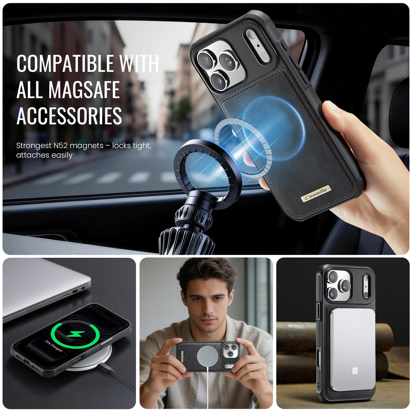CaseMe For iPhone 17 Pro Max C69 Series Magnetic Case Leather Coated TPU Phone Cover