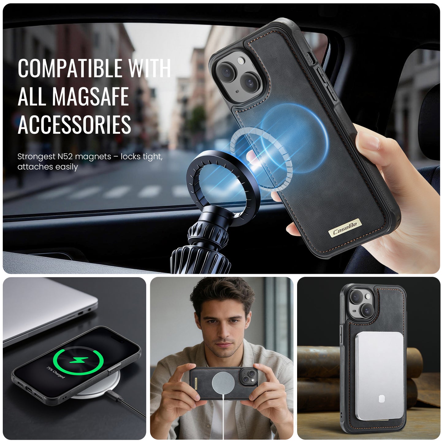 CaseMe For iPhone 14 Plus / iPhone 15 Plus C69 Series Magnetic Case Leather Coated TPU Phone Cover