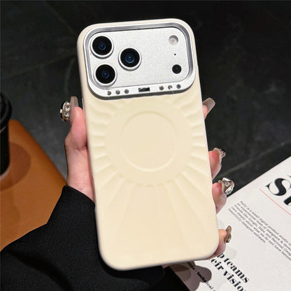 For iPhone 17 Pro Case Compatible with MagSafe Sun Pattern Rhinestone Metal Camera Frame Liquid Silicone Phone Cover